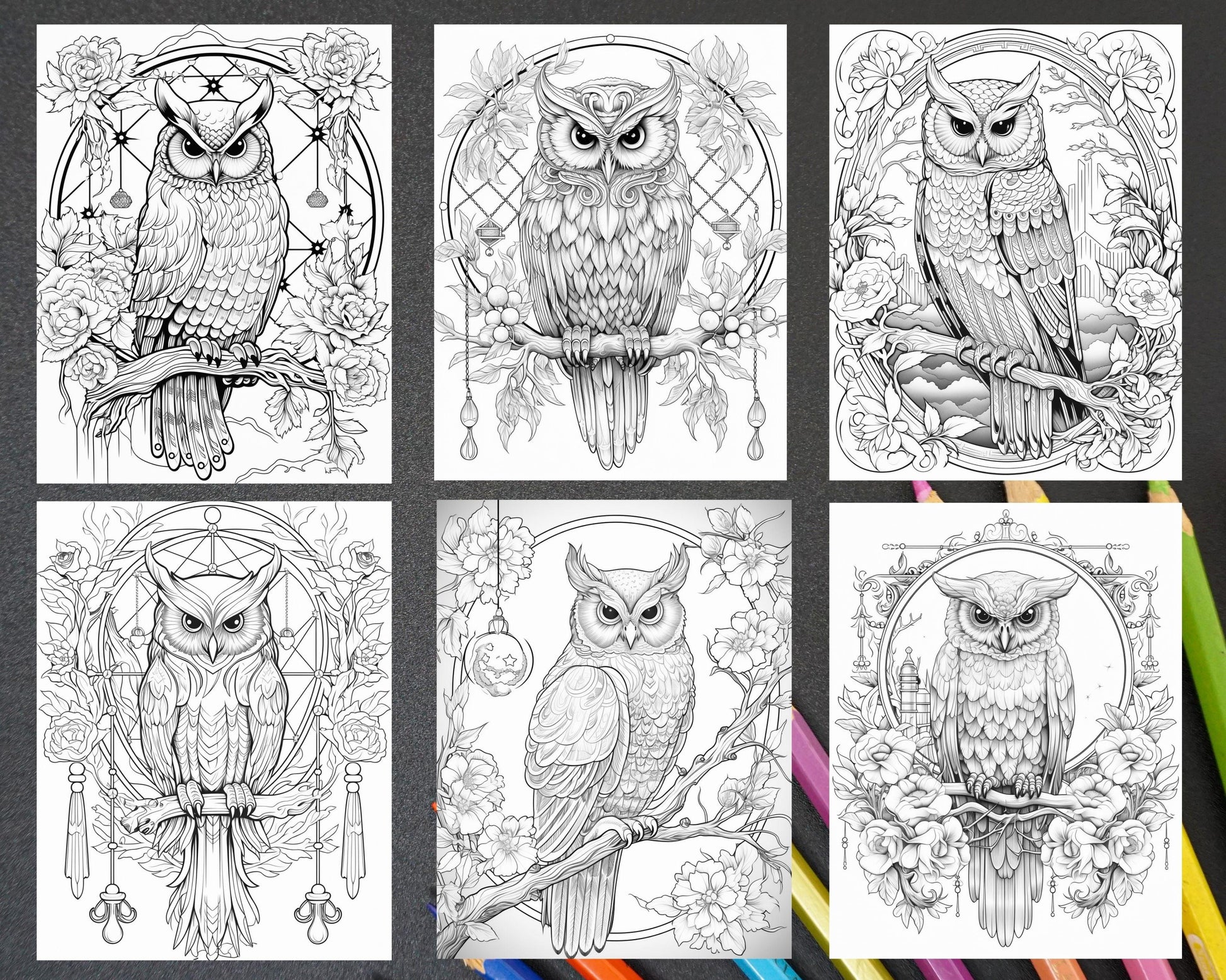 40 Floral Owl Grayscale Printable Coloring Pages for Adults, PDF File Instant Download