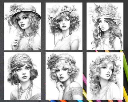 40 Beautiful Gatsby Girls Grayscale Coloring Pages Printable for Adults, PDF File Instant Download