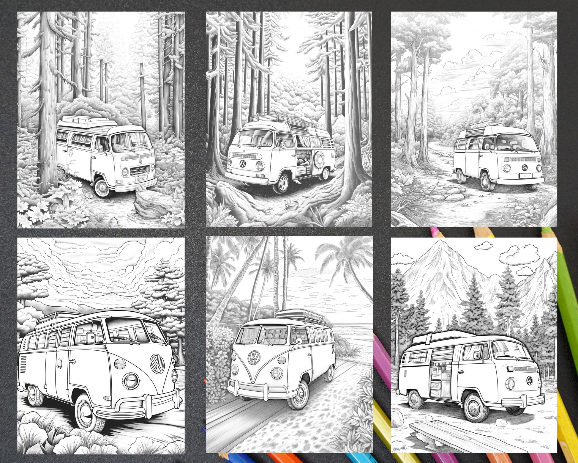 30 Campervan Adventure Grayscale Coloring Pages Printable for Adults, PDF File Instant Download