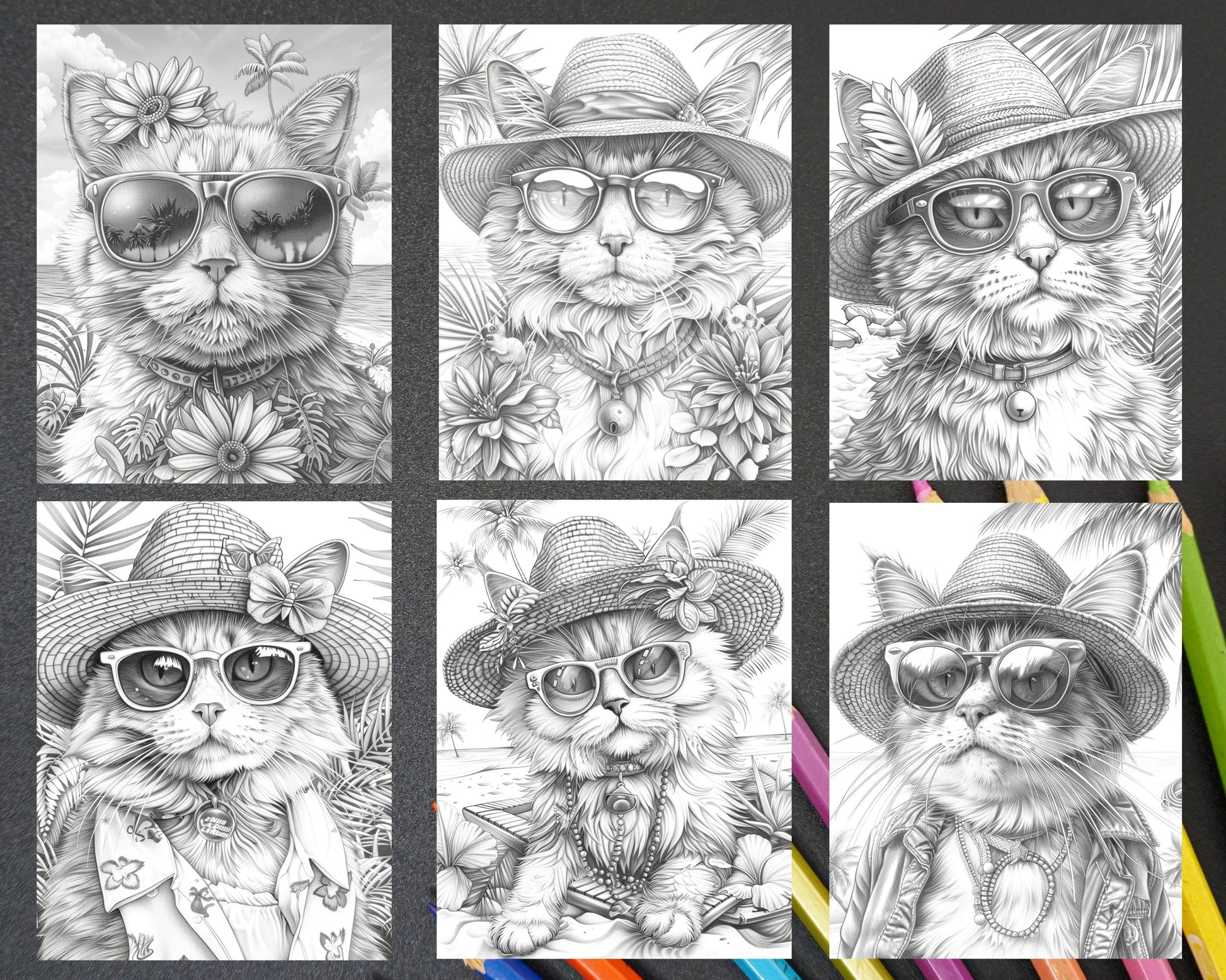 100 Summer Cats Grayscale Adult Coloring Pages, Printable PDF Instant Download