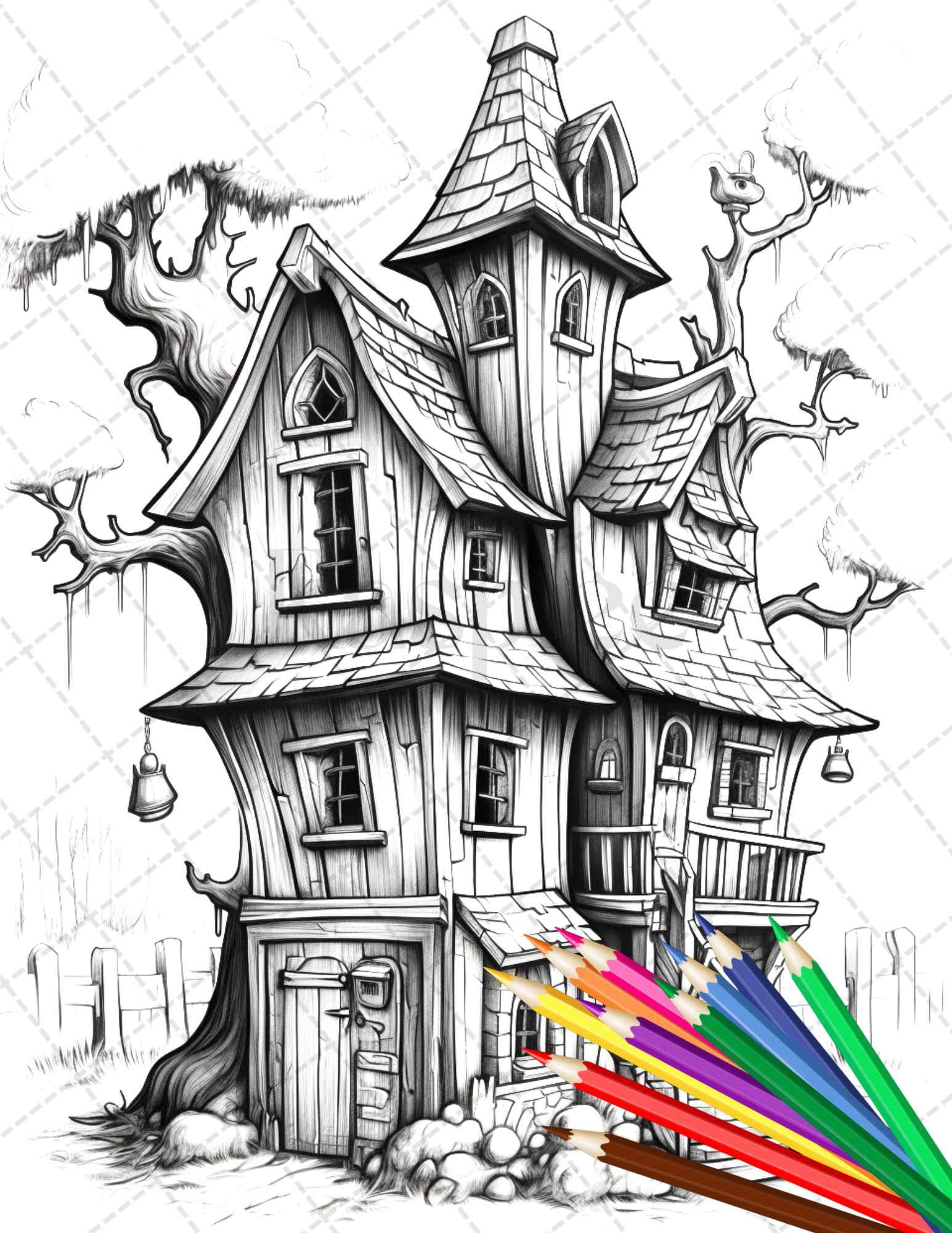 32 Spooky Houses Coloring Pages Printable for Adults, Grayscale Coloring Page, PDF File Instant Download