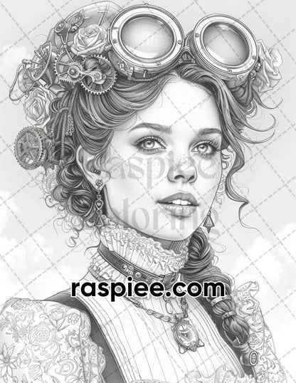 65 Gothic Steampunk Girls Grayscale Adult Coloring Pages, Printable PDF Instant Download