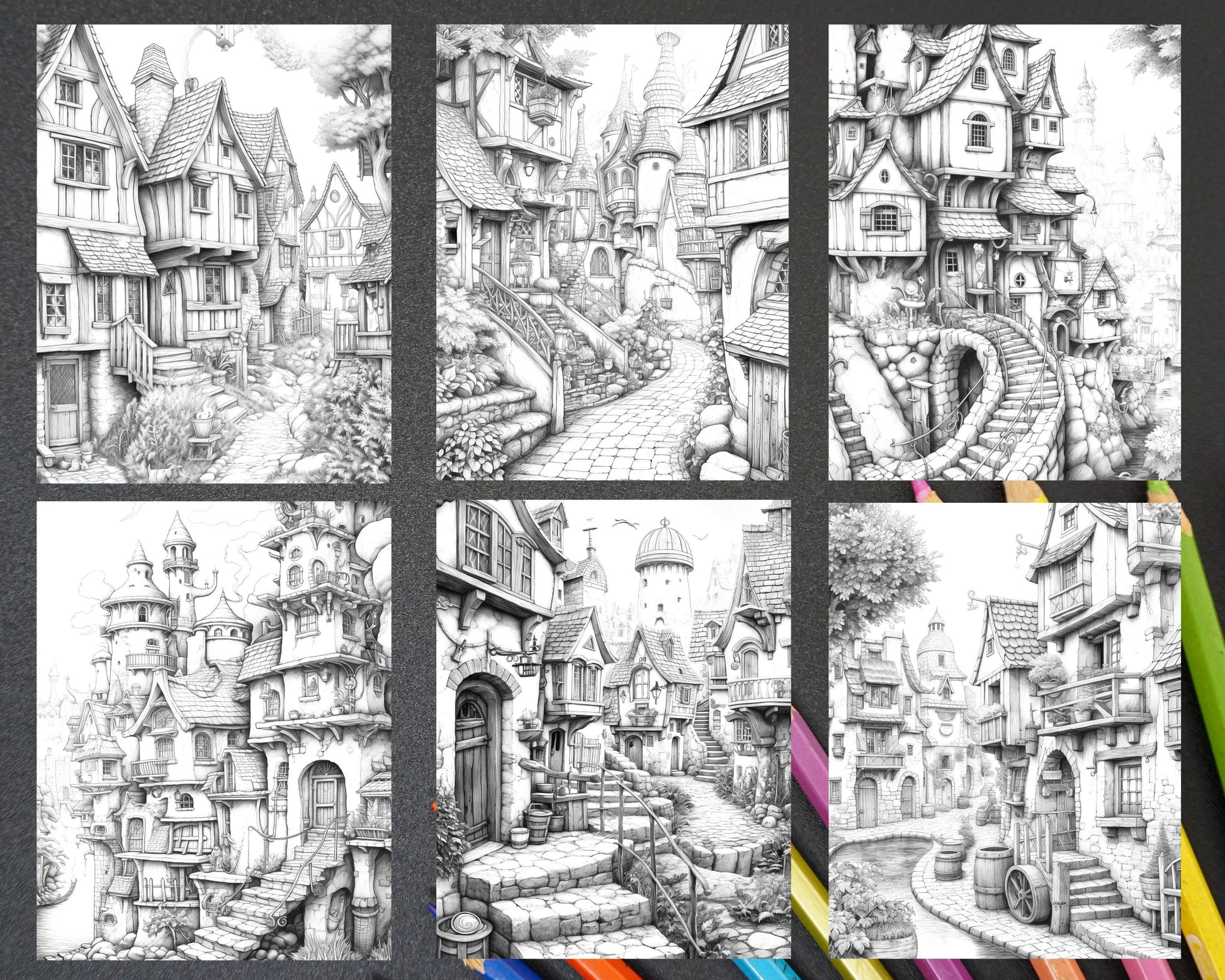 40 Fantasy Village Grayscale Coloring Pages Printable for Adults, PDF File Instant Download