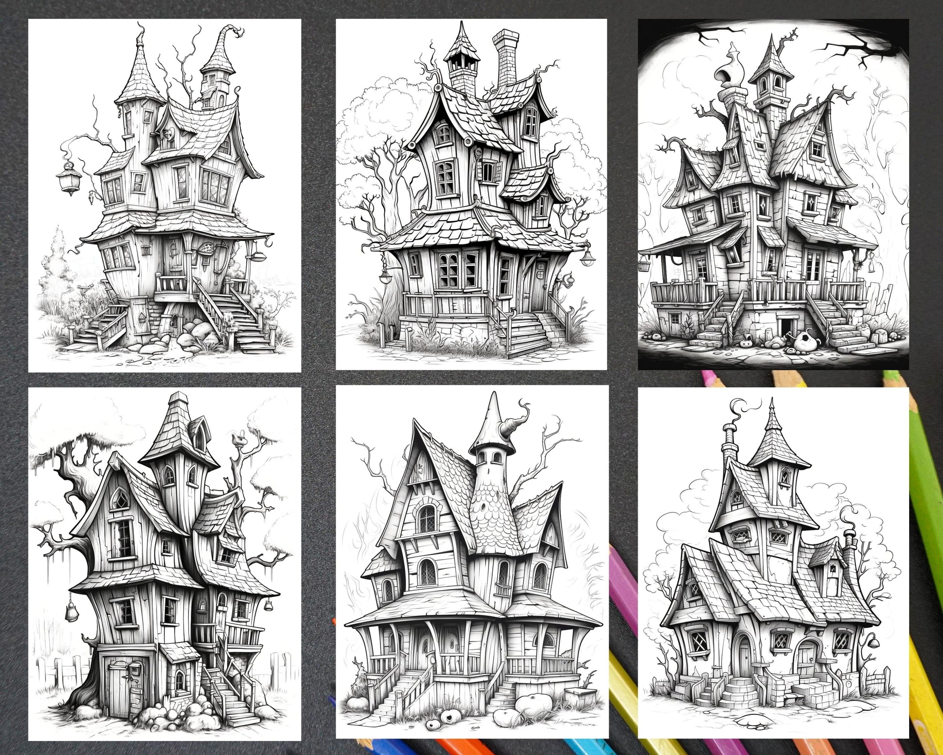 32 Spooky Houses Coloring Pages Printable for Adults, Grayscale Coloring Page, PDF File Instant Download