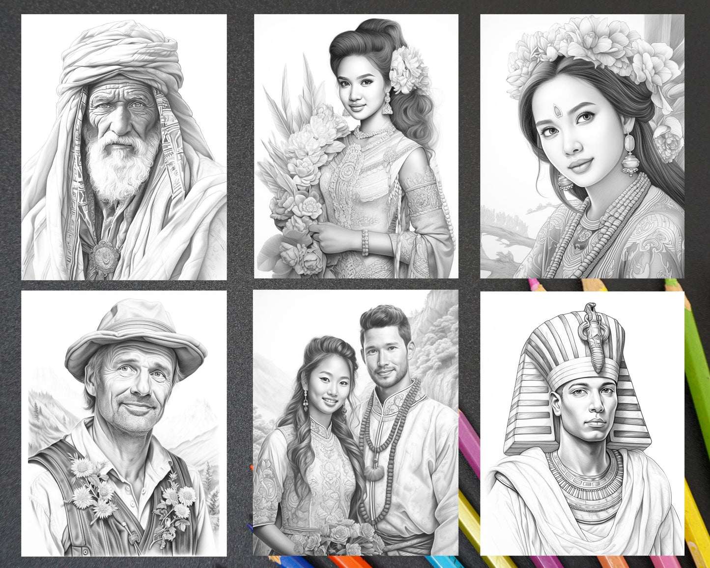 80 World Cultures Portraits Grayscale Adult Coloring Pages, Printable PDF Instant Download