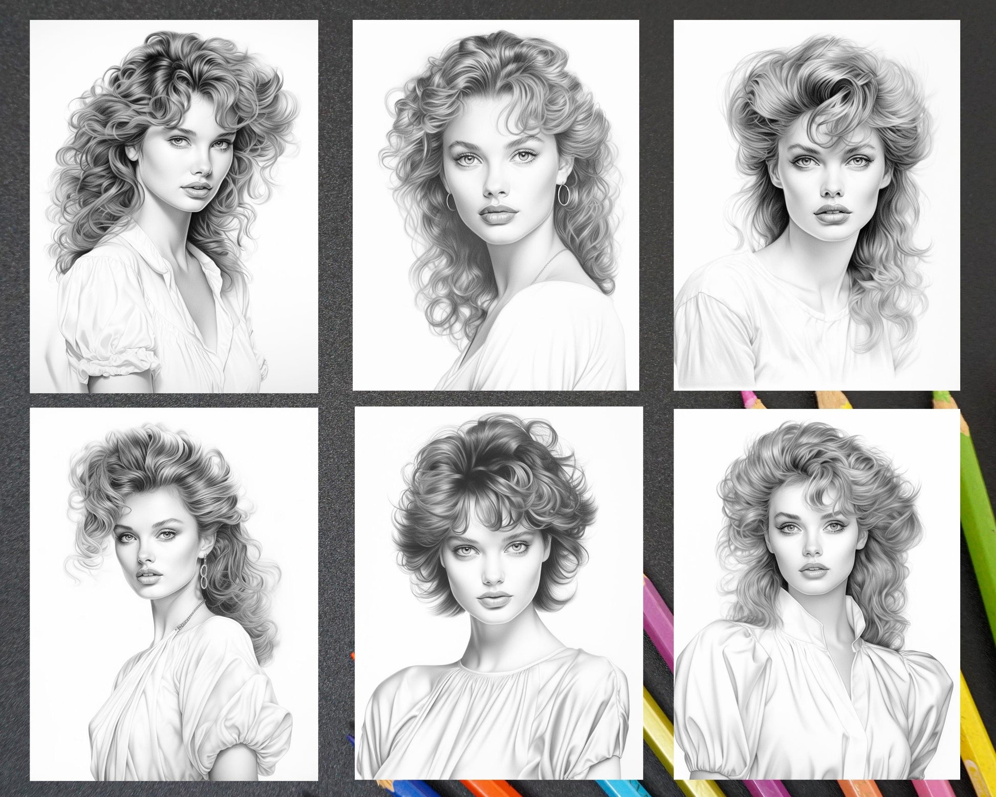 1980s Retro Beautiful Women Grayscale Coloring Pages for Adults, PDF File Instant Download