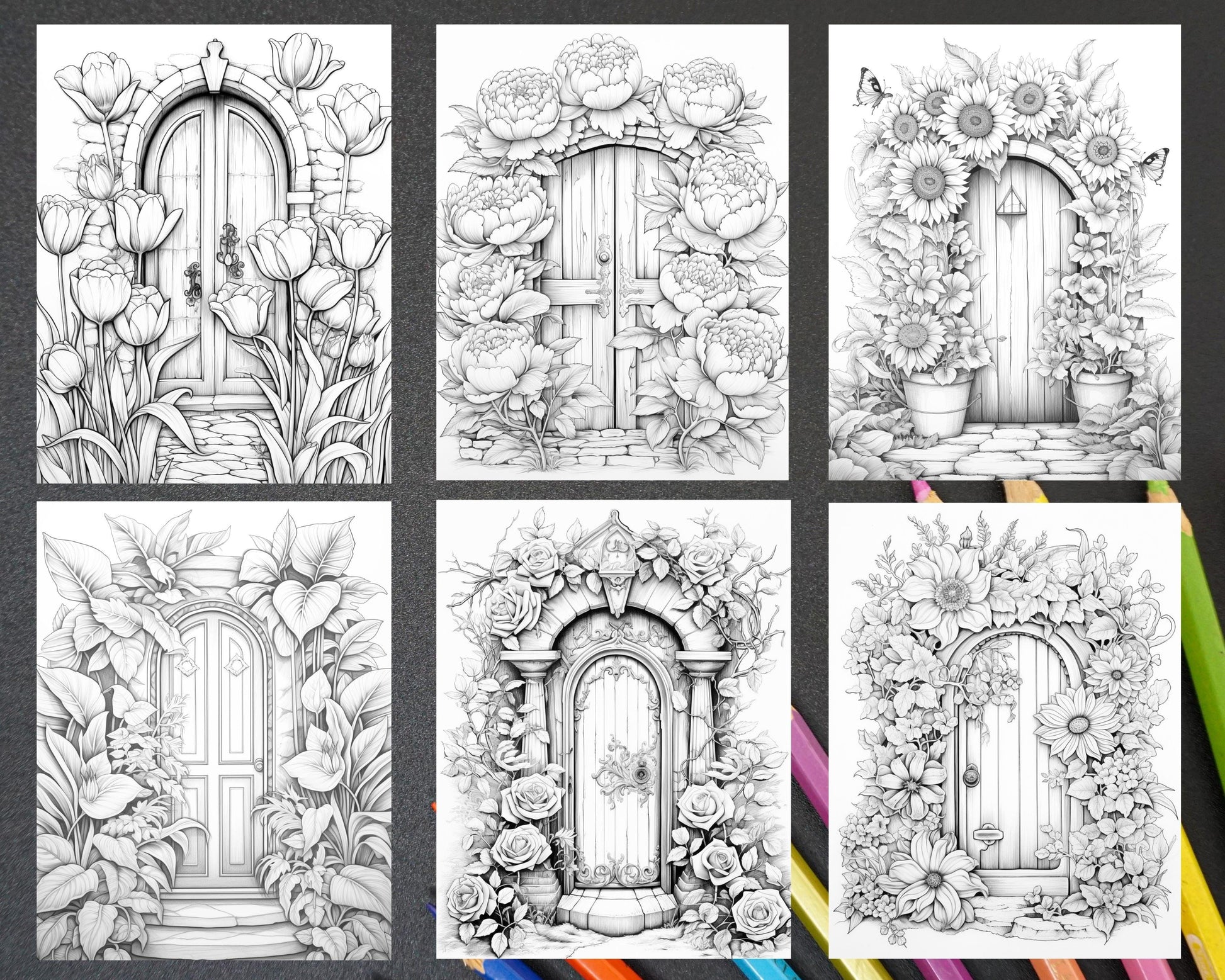 40 Flower Fairy Doors Grayscale Coloring Pages Printable for Adults, PDF File Instant Download