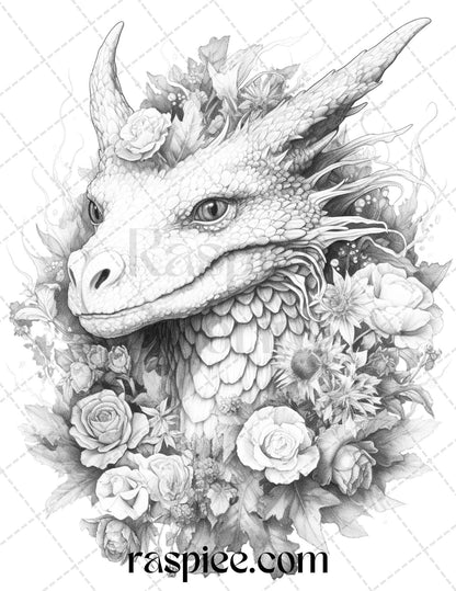 40 Flower Dragon Grayscale Coloring Pages Printable for Adults, PDF File Instant Download