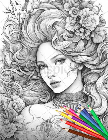 43 Beautiful Victorian Women Grayscale Coloring Pages Printable for Adults, PDF File Instant Download