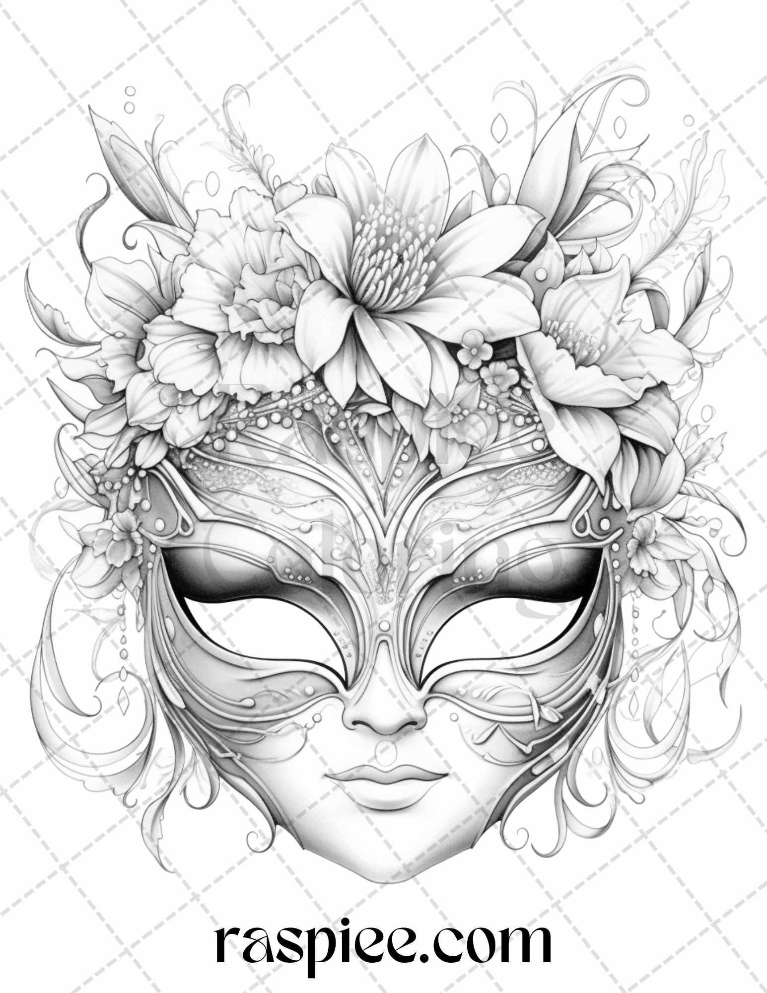 40 Masquerade Masks Grayscale Coloring Pages Printable for Adults, PDF File Instant Download