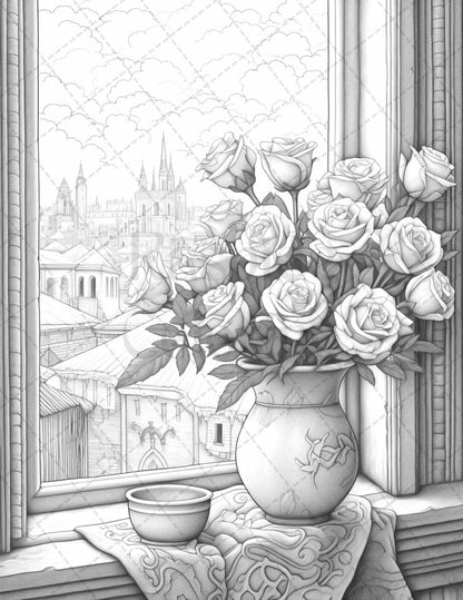 40 Captivating Roses Grayscale Coloring Pages Printable for Adults, PDF File Instant Download