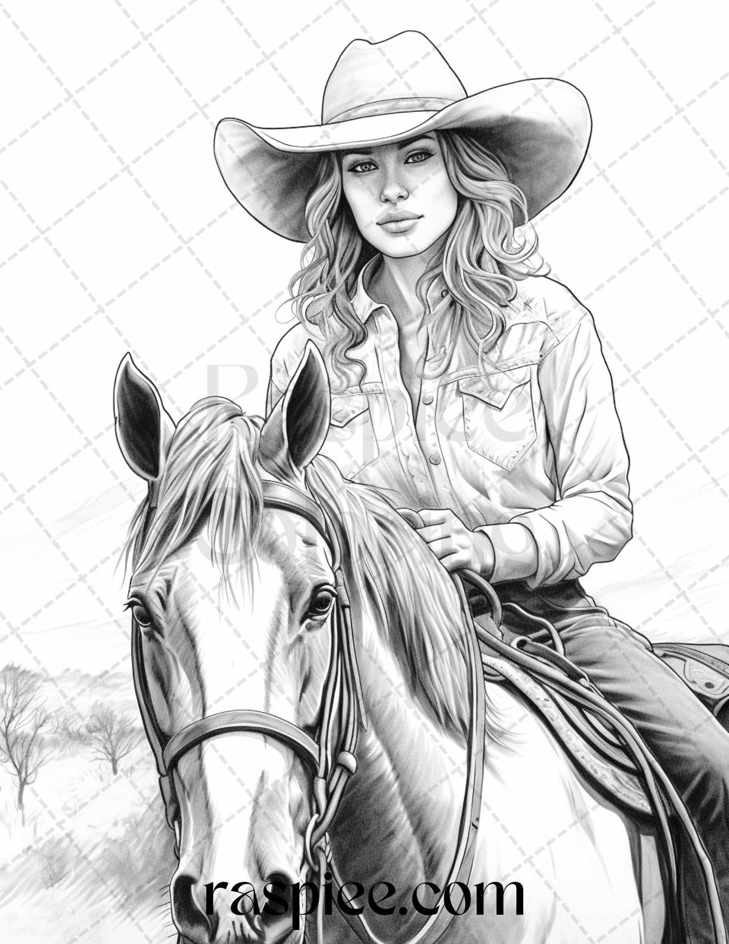 40 Beautiful Cowgirls Grayscale Coloring Pages Printable for Adults, PDF File Instant Download