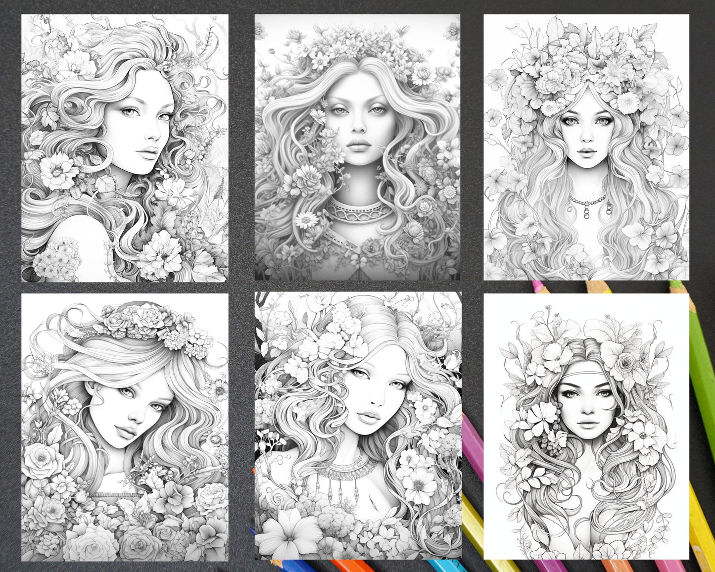 38 Flower Goddess Coloring Pages Printable for Adults, Grayscale Coloring Page, PDF File Instant Download