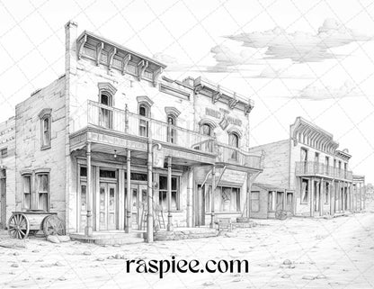 40 Wild West Towns Grayscale Coloring Pages Printable for Adults, PDF File Instant Download