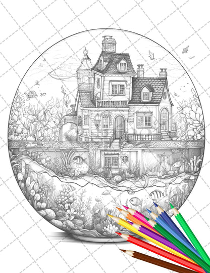 34 Fishtank Houses Coloring Book for Adults, Grayscale Coloring Page, Printable PDF Instant Download