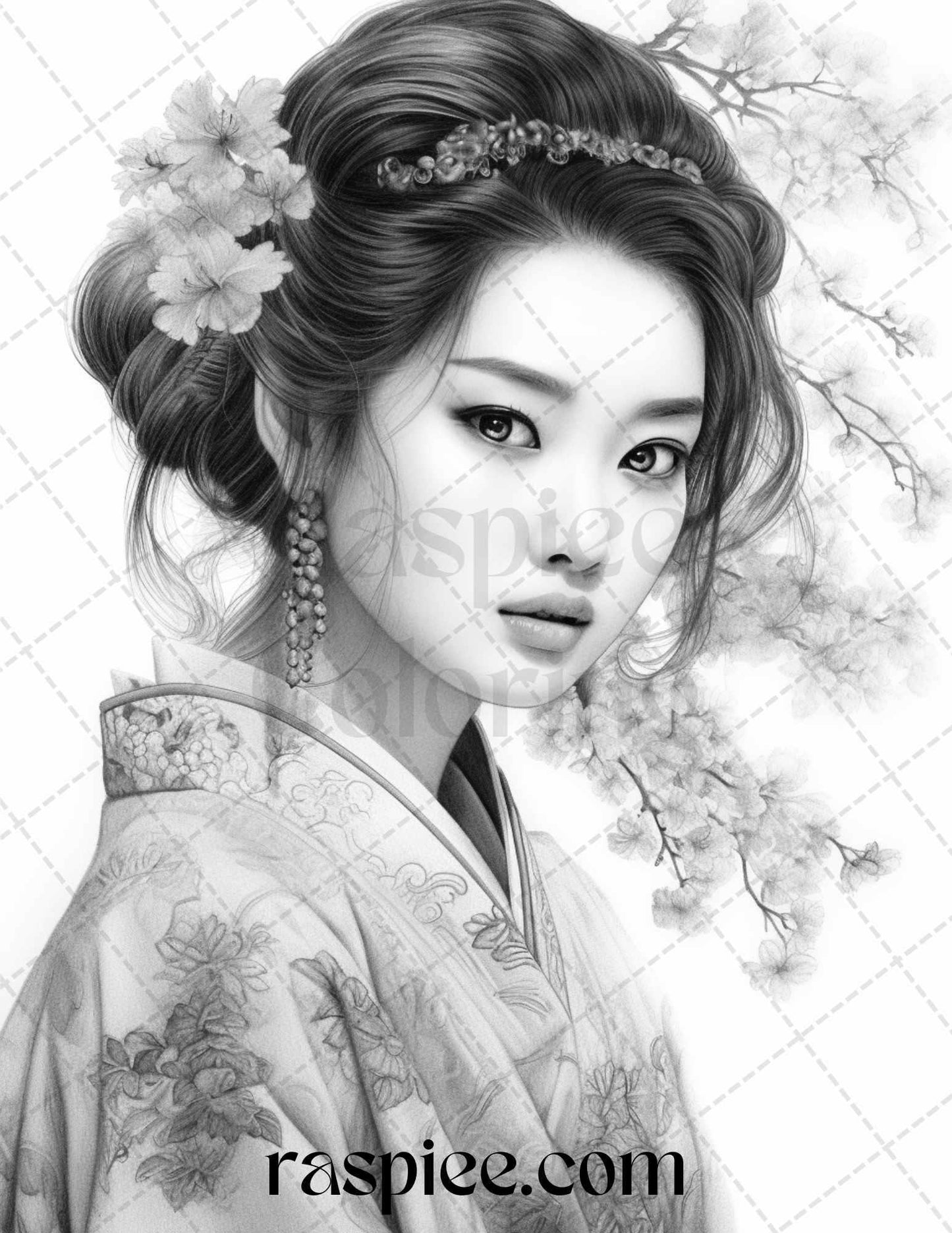 40 Beautiful Japanese Girls Grayscale Coloring Pages Printable for Adults, PDF File Instant Download