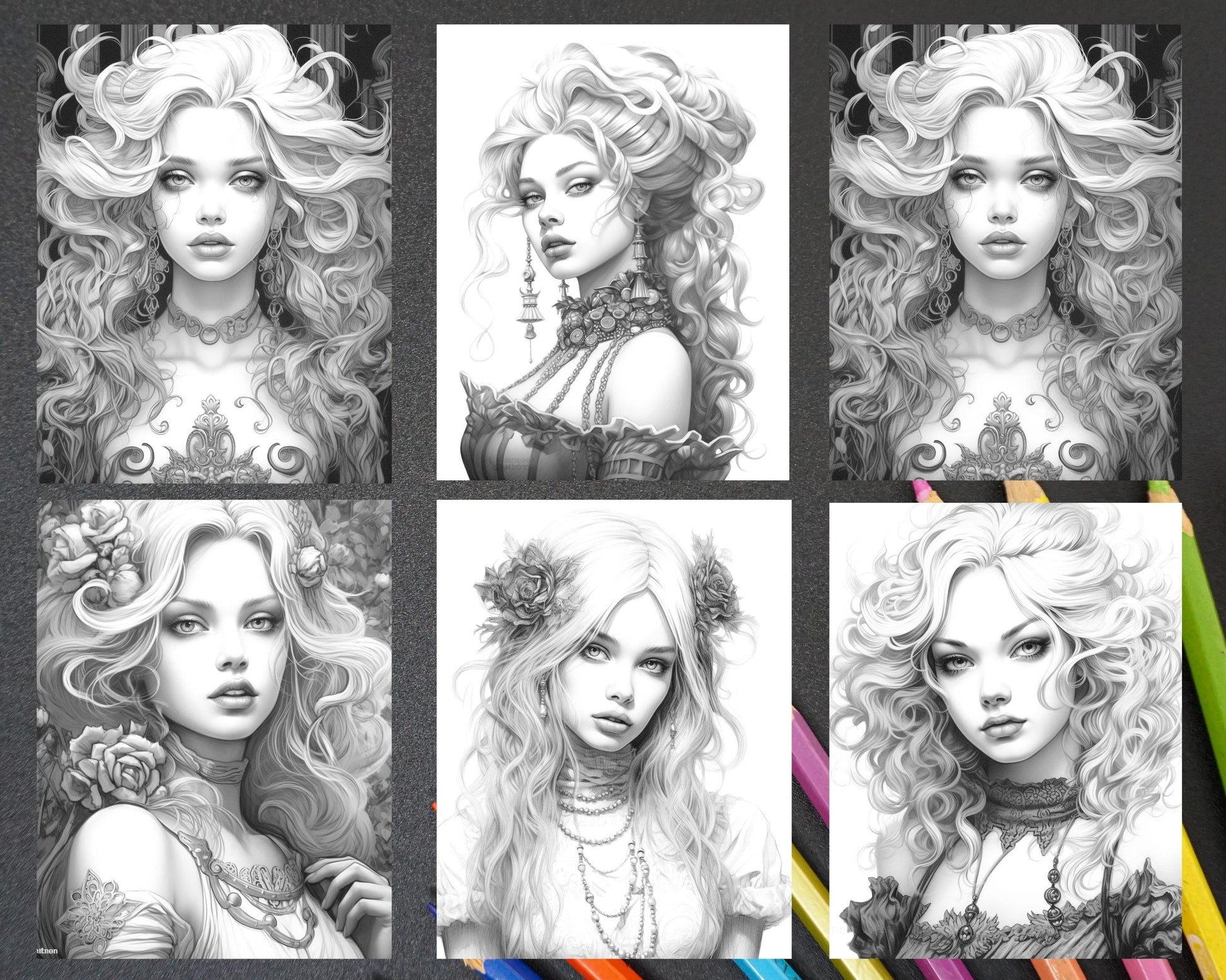 40 Beautiful Gothic Girls Grayscale Coloring Pages Printable for Adults, PDF File Instant Download