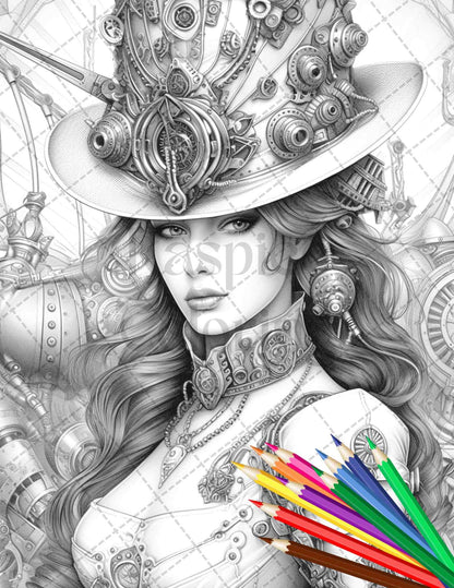 40 Steampunk Ladies Grayscale Coloring Pages Printable for Adults, PDF File Instant Download