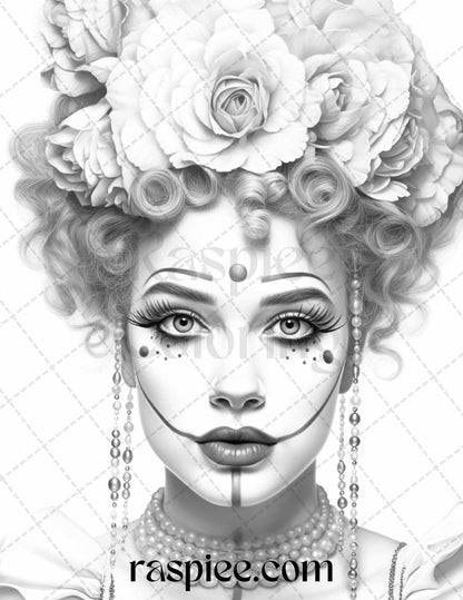 42 Beautiful Clown Girls Grayscale Coloring Pages Printable for Adults, PDF File Instant Download