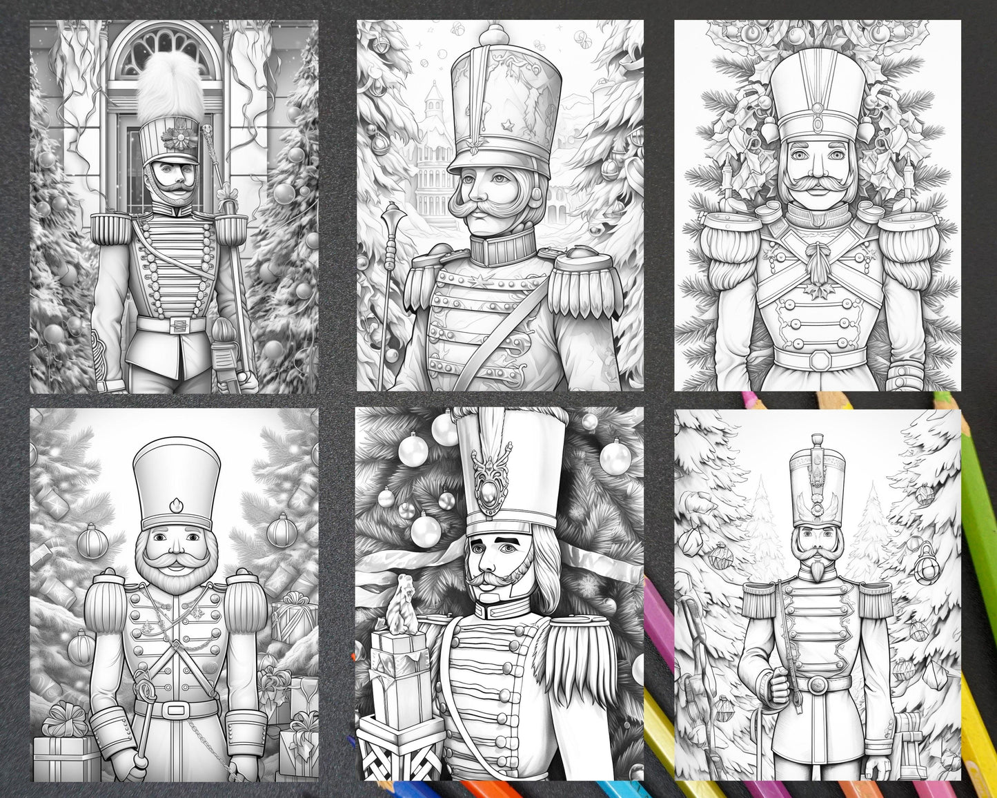 40 Christmas Nutcrackers Grayscale Coloring Pages for Adults, Printable PDF File Instant Download