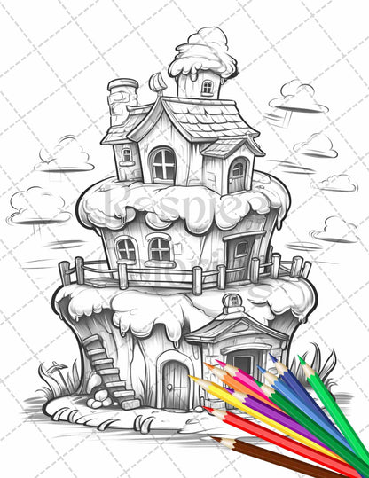 50 Adorable Cake Houses Grayscale Coloring Pages Printable for Adults and Kids, PDF File Instant Download