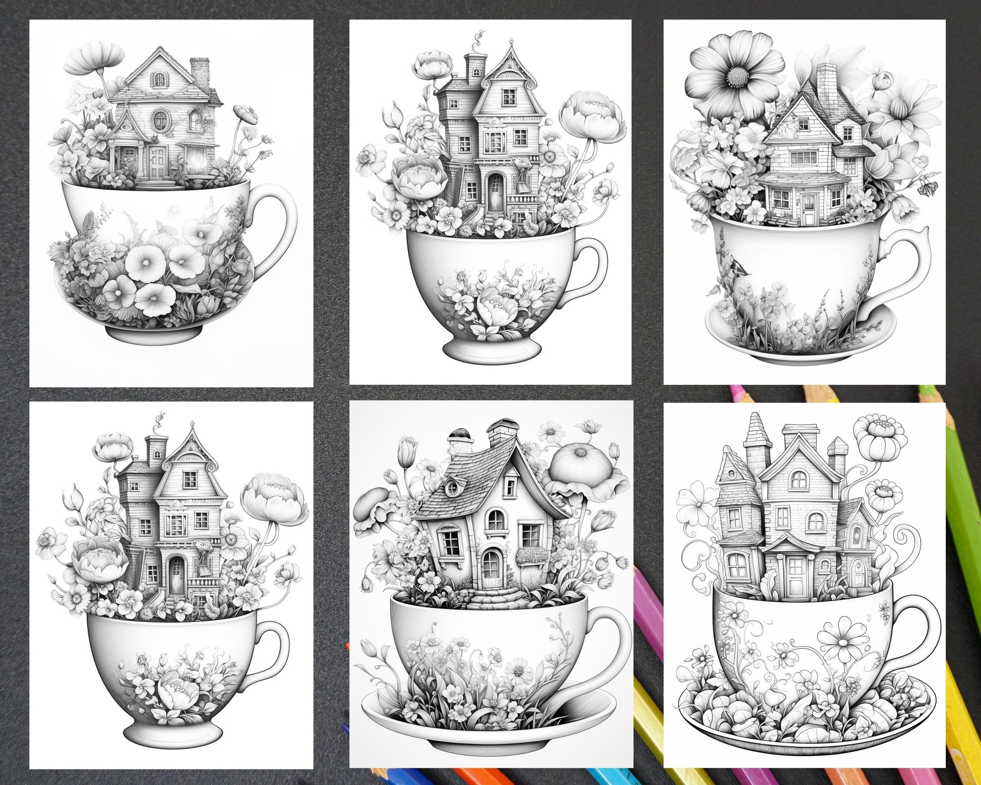 40 Flower Teacup Fairy Houses Grayscale Coloring Pages Printable for Adults, PDF File Instant Download