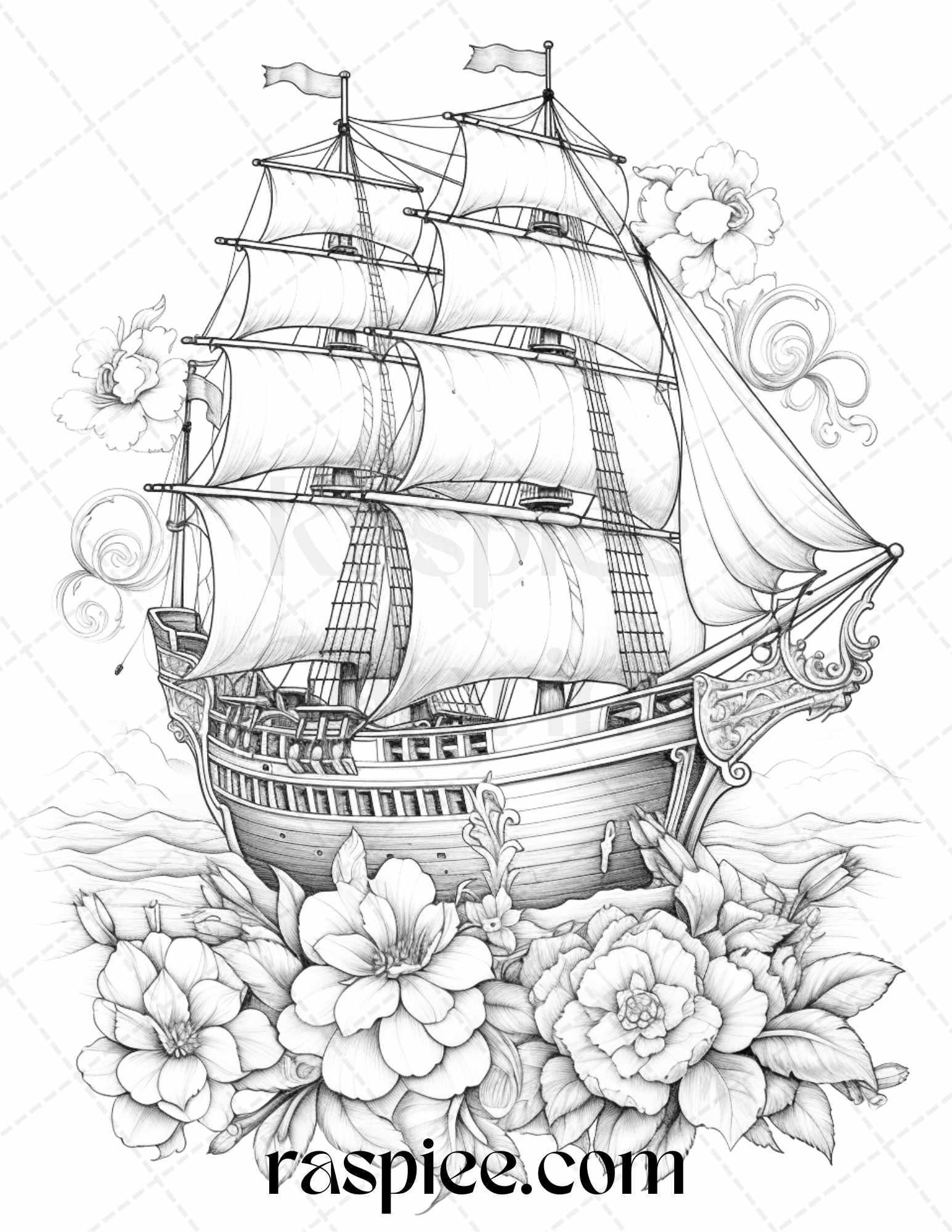 44 Flower Ships Graysale Coloring Pages Printable for Adults, PDF File Instant Download