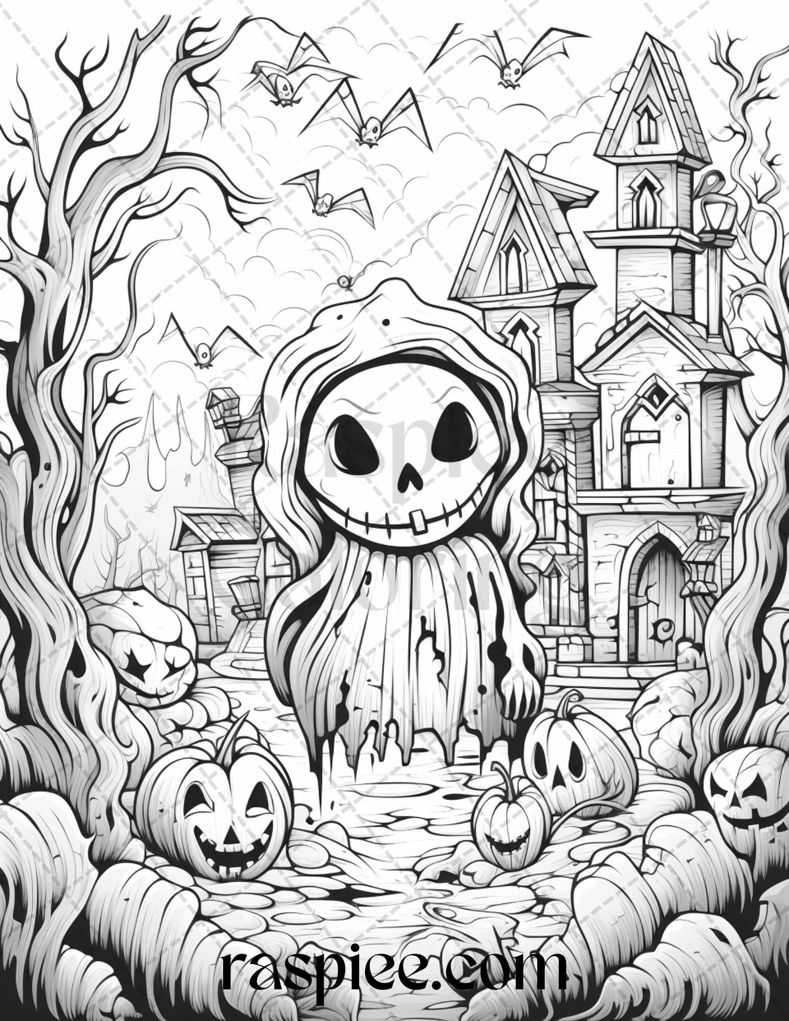 40 Halloween Creepy Kawaii Grayscale Coloring Pages for Adults and Kids, Printable PDF File Instant Download