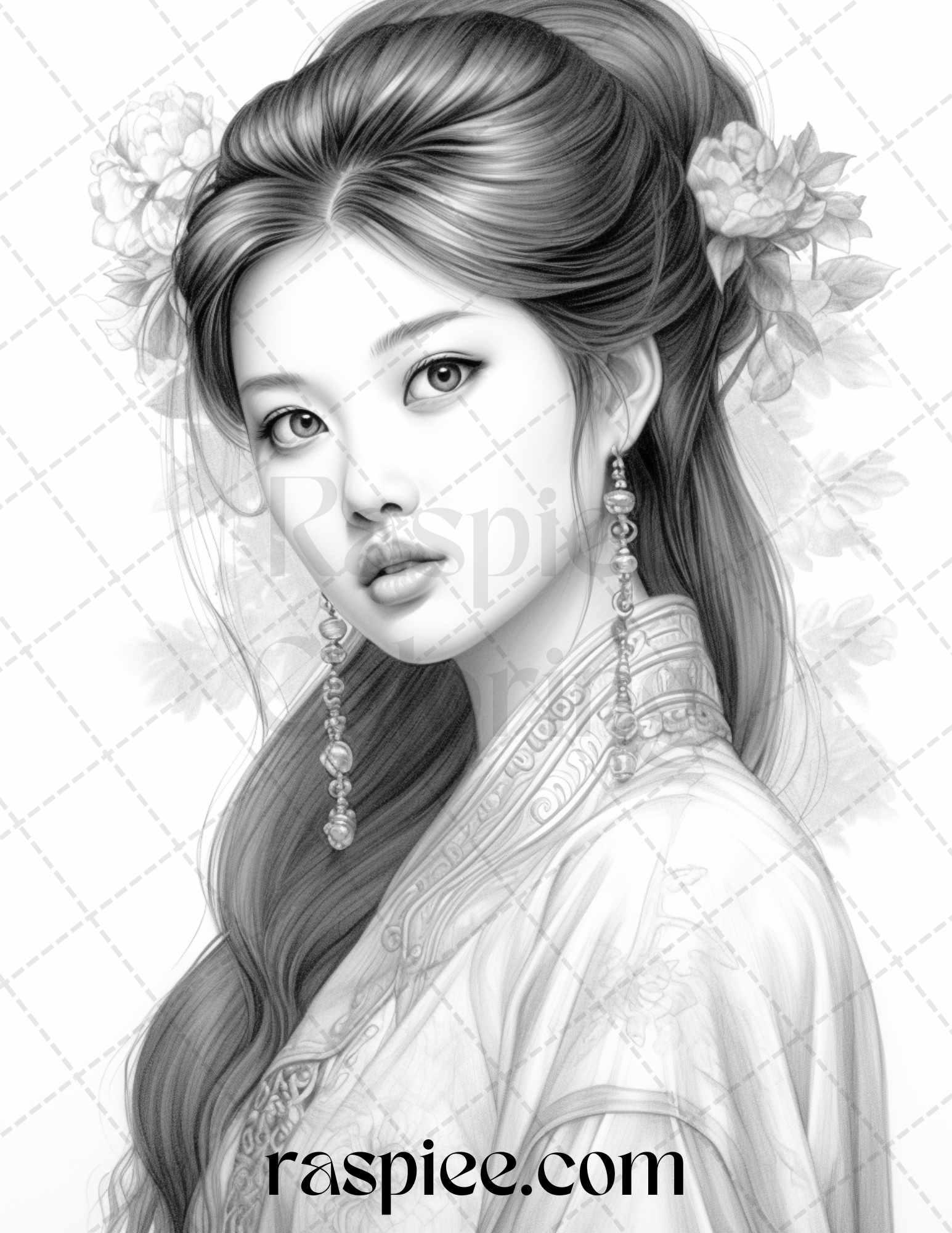 40 Beautiful Chinese Girls Grayscale Coloring Pages for Adults, Printable PDF File Instant Download