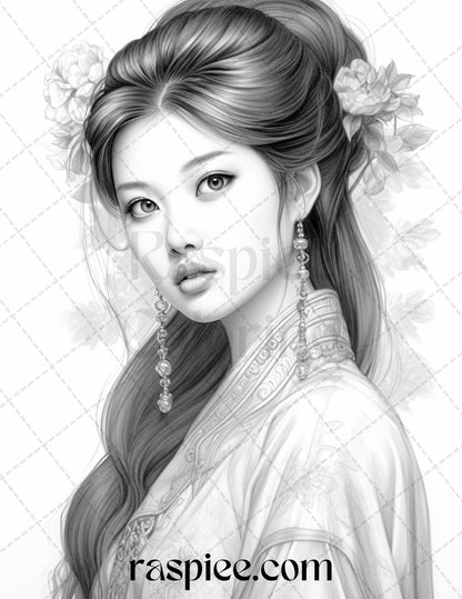 40 Beautiful Chinese Girls Grayscale Coloring Pages for Adults, Printable PDF File Instant Download