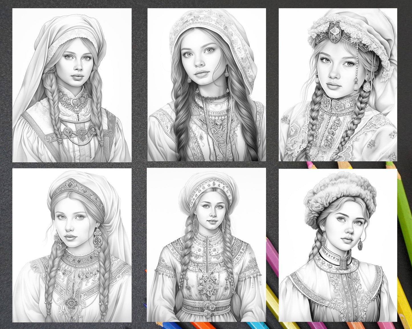 60 Traditional Russian Girls Grayscale Adult Coloring Pages, Printable PDF Instant Download