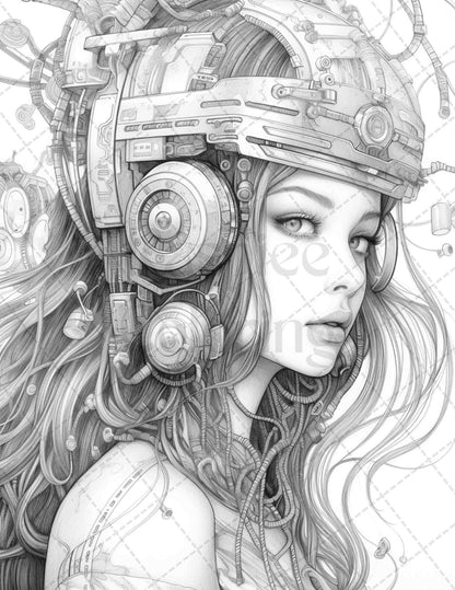 40 Beautiful Cyborg Girls Grayscale Coloring Pages Printable for Adults, PDF File Instant Download