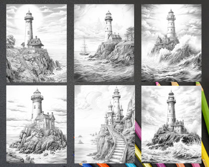 40 Majestic Lighthouses Grayscale Coloring Pages Printable for Adults, PDF File Instant Download