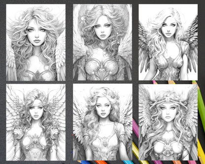 42 Enchanting Angels Grayscale Coloring Pages Printable for Adults, PDF File Instant Download