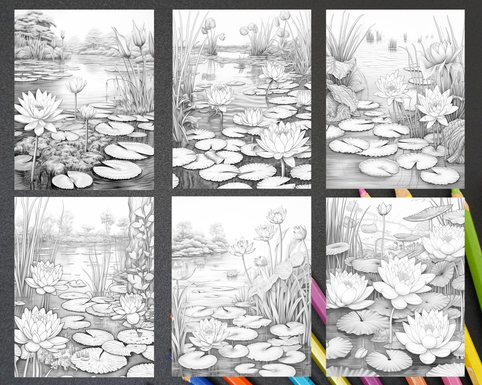 40 Lotus Pond Serenity Grayscale Adult Coloring Pages, Printable PDF Instant Download