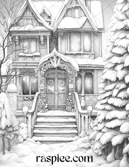 42 Fantasy Christmas Houses Grayscale Coloring Pages Printable for Adults, PDF File Instant Download