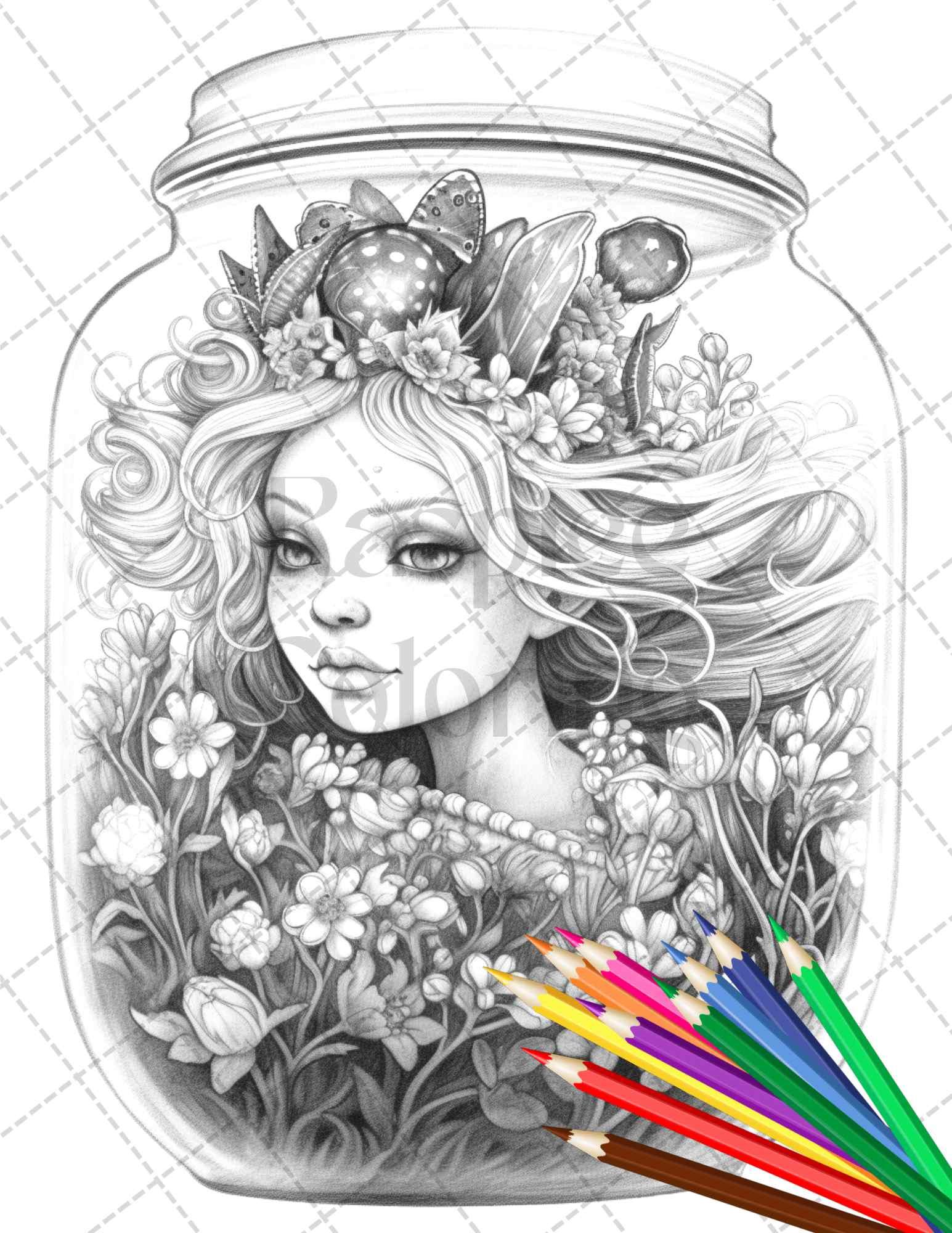 40 Beautiful Fairies in Jar Grayscale Coloring Pages Printable for Adults, PDF File Instant Download