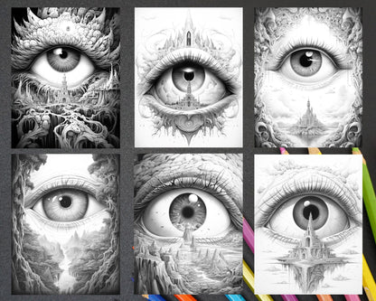 40 Surrealism Eyes Grayscale Coloring Pages Printable for Adults, PDF File Instant Download