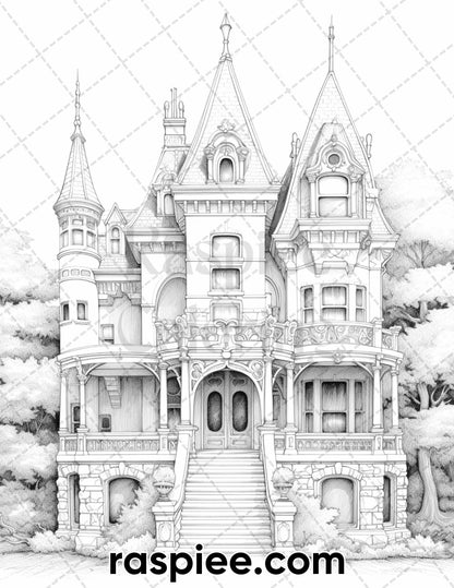 40 Victorian Mansions Grayscale Coloring Pages for Adults, Printable PDF Instant Download