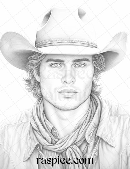 45 Wild West Cowboys Grayscale Coloring Pages Printable for Adults, PDF File Instant Download