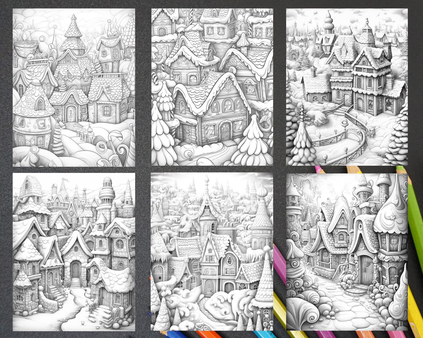 40 Gingerbread Village Grayscale Coloring Pages for Adults, Printable PDF Instant Download