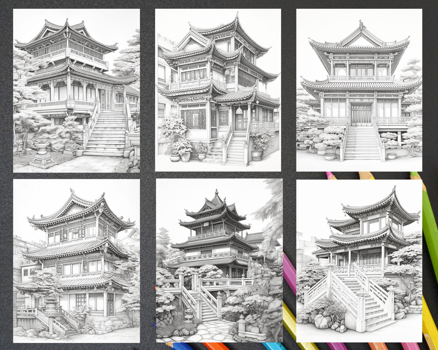 40 Traditional Chinese Houses Grayscale Coloring Pages Printable for Adults, PDF File Instant Download