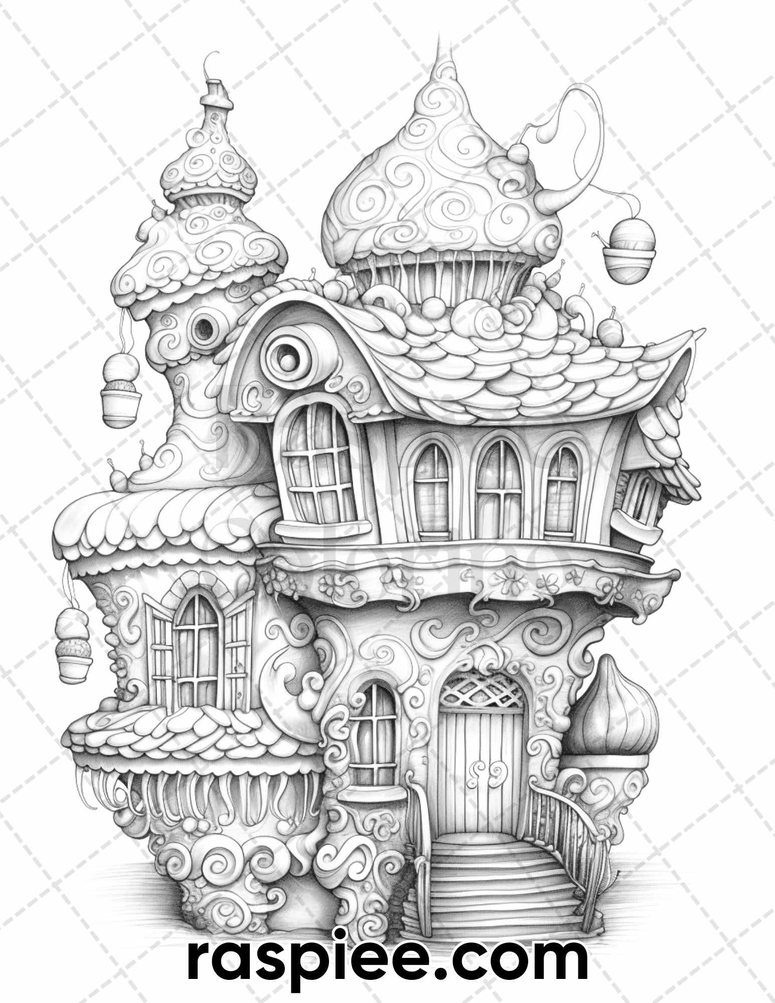 40 Whimsical Cupcake Houses Grayscale Coloring Pages for Adults, Printable PDF Instant Download