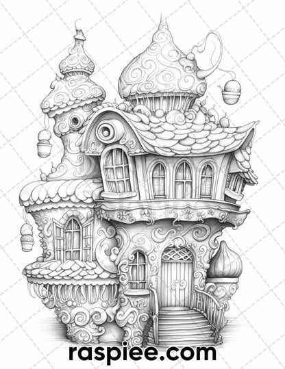 40 Whimsical Cupcake Houses Grayscale Coloring Pages for Adults, Printable PDF Instant Download