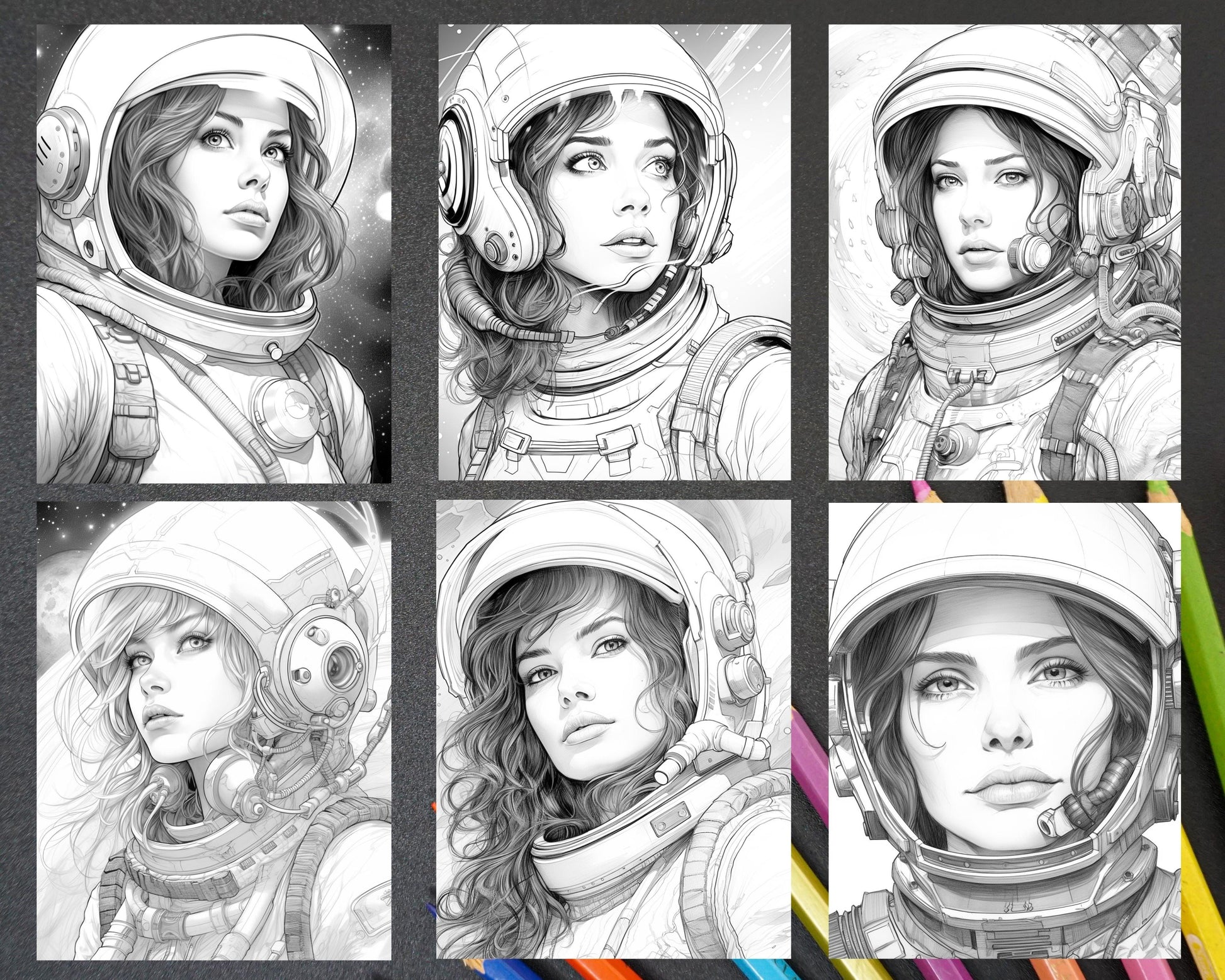 50 Astronaut Girl Portrait Grayscale Coloring Pages Printable for Adults, PDF File Instant Download