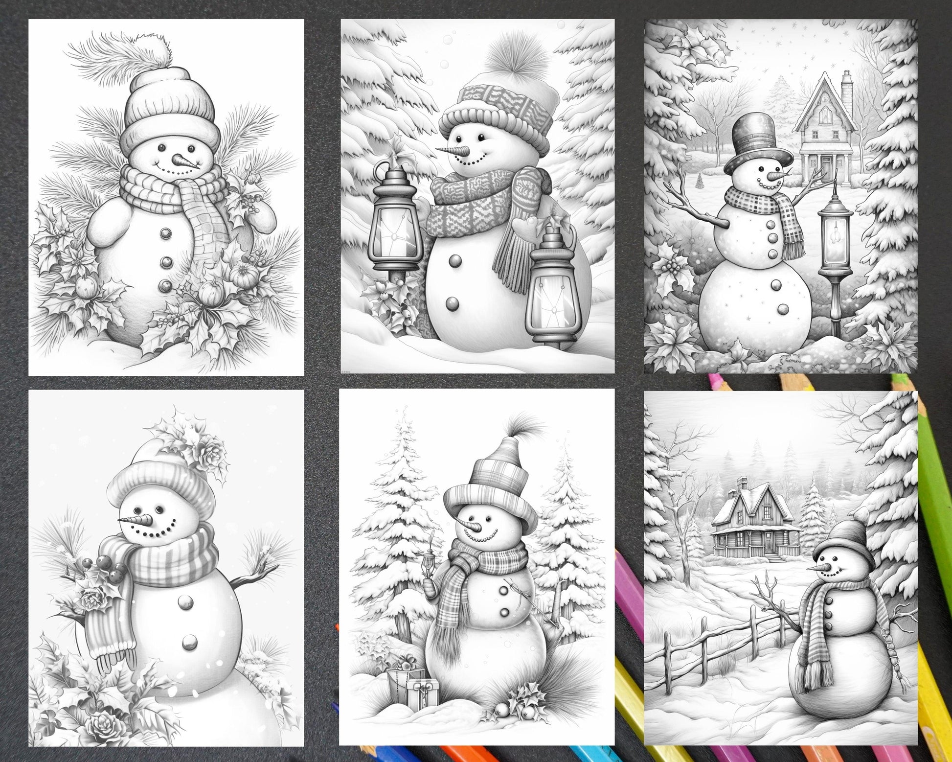 40 Chistmas Snowman Grayscale Coloring Pages for Adults, Printable PDF Instant Download