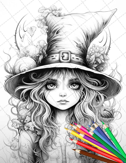 40 Cute Witches Coloring Pages Printable for Adults, Grayscale Coloring Page, PDF File Instant Download