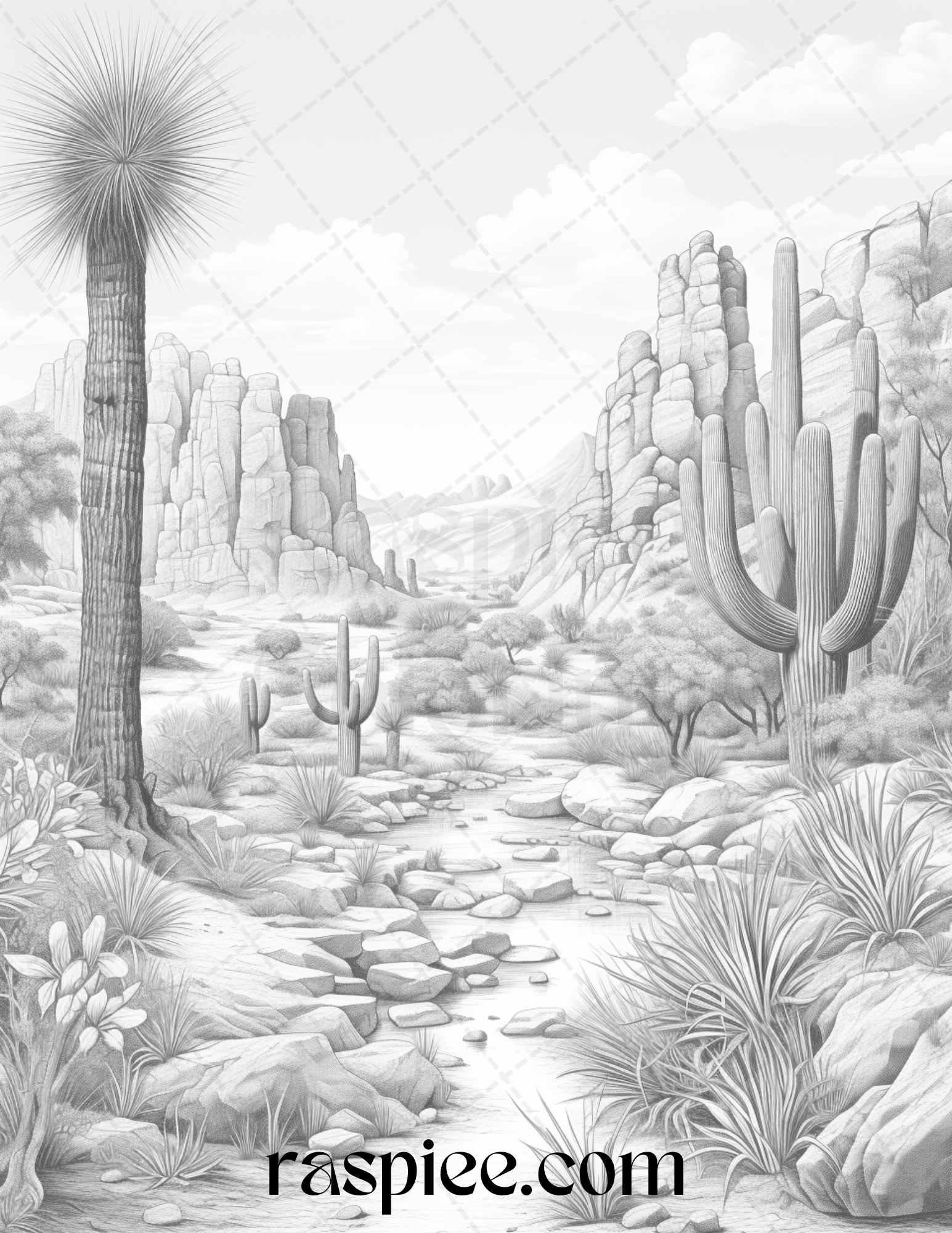 40 Desert Landscapes Grayscale Coloring Pages Printable for Adults, PDF File Instant Download