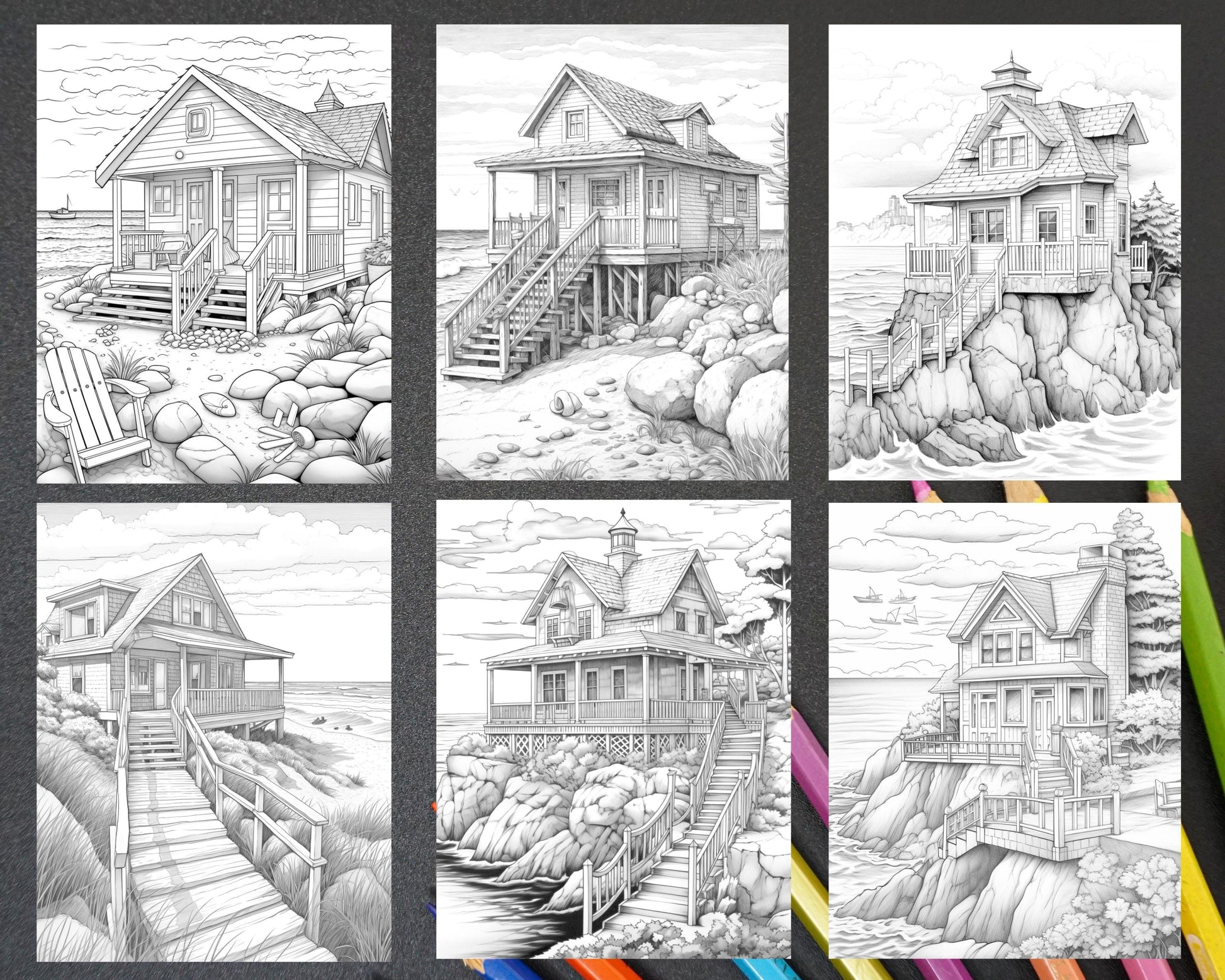 42 Wooden Beach Houses Grayscale Coloring Pages Printable for Adults, PDF File Instant Download