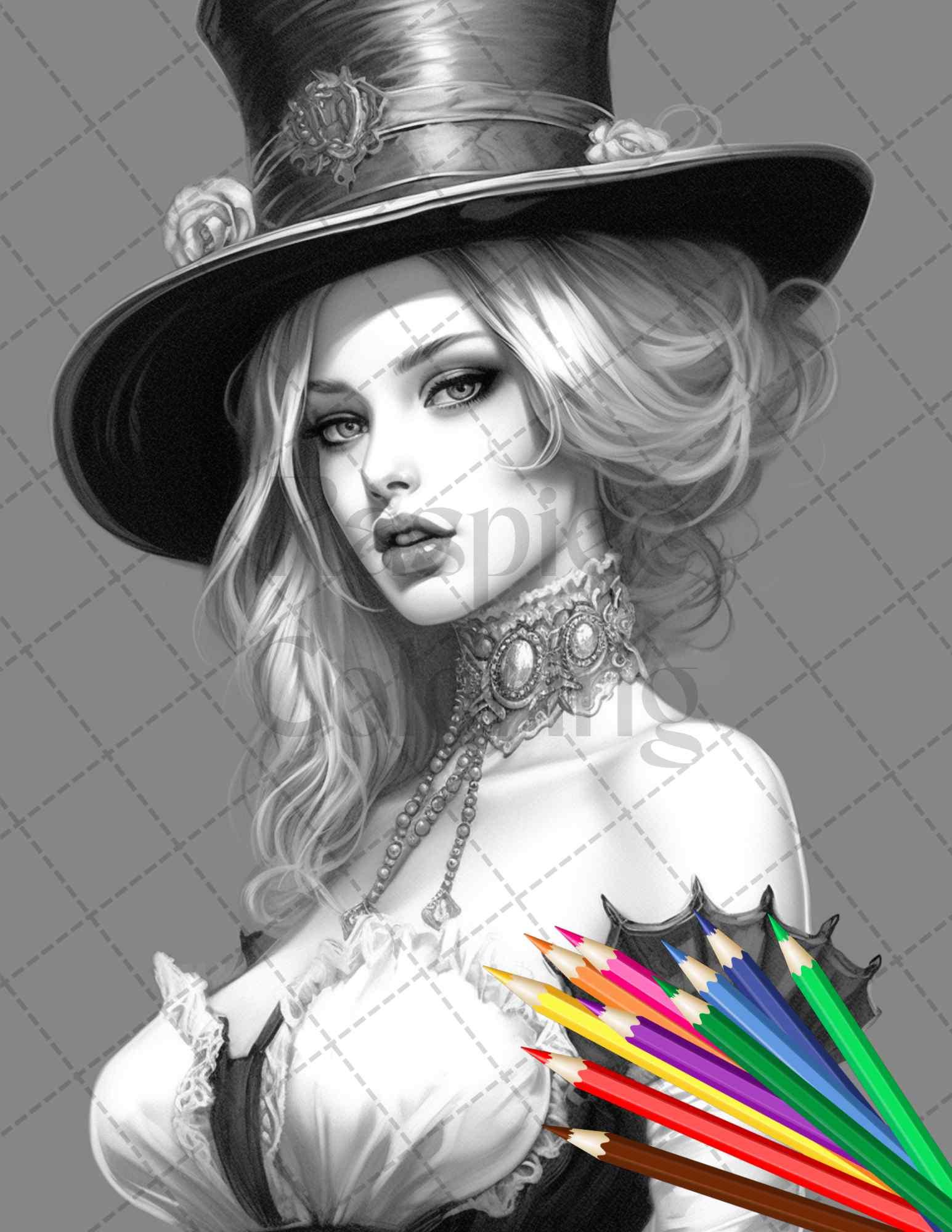 40 Beautiful Gothic Girls Grayscale Coloring Pages Printable for Adults, PDF File Instant Download